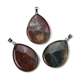 (RRHB277) Кристалл на подкладке из медово-бежевого цвета Природного индийского агата подвески, Подвески в форме капли с 304 защелкивающимися креплениями из нержавеющей стали, цвет нержавеющей стали, 43.5~45x29.5~30.5x6~7.5 мм, отверстие : 7.5x4.5 мм