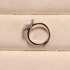 Настоящее золото 14K Кольцо из латуни с микропаве из цветка и прозрачных кубических цирконий с натуральным пресноводным жемчугом, реальный 14 k позолоченный, внутренний диаметр: 15.2~19 мм