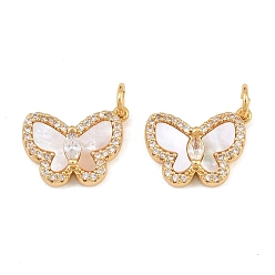 Golden Brass Micro Pave Clear Cubic Zirconia Pendants, Butterfly Charm, with Natural Shell & Brass Jump Ring, Golden, 11.5x16x4mm, Hole: 3.5mm