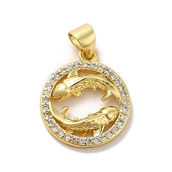 Рыбы Подвески из латуни с микропаве на тему зодиака и кубического циркония, без кадмия, без никеля и без свинца, Рыбы, Рыбы, 17.5~18x15x2~2.5 мм, отверстие : 6x4 мм
