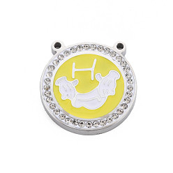 Crystal 304 Stainless Steel Pendants, with Rhinestone and Enamel, Flat Round with Hand, Crystal, 20x19.5x3mm, Hole: 1.4mm
