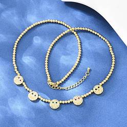 Настоящее золото 18K Женские круглые бусы-нагрудники из латуни с микропаве, цветными кубическими циркониями и подвесками в виде улыбающегося лица., долговечный, стойки покрытие, без свинца и без кадмия, реальный 18 k позолоченный, 17.91 дюйм (45.5 см)