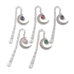 Mixed Stone Tibetan Style Alloy Hook Bookmarks, Hollow Moon & Round Natural Gemstone Pouch Charms Bookmarks, 124x20.5x3mm