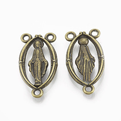 Antique Bronze Holy Oval Carved Virgin Mary Tibetan Style Alloy Chandelier Component Links, 3 Loop Connectors, Rosary Center Pieces, Cadmium Free & Lead Free, Antique Bronze, 25x13x3mm, Hole: 2mm