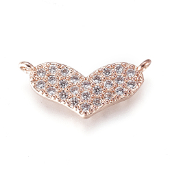 Розовое Золото Соединители из латуни с микропаве и кубическим цирконием, сердце, прозрачные, розовое золото , 5.5x15x2 мм, отверстие : 0.8 мм