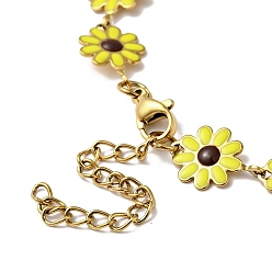 Golden Yellow Enamel Daisy Flower Link Chain Necklace, Ion Plating(IP) 304 Stainless Steel Jewelry for Women, Golden, 17.80 inch(45.2cm)
