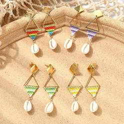 Mixed Color Seed Glass Woven Dangle Earrings for Women, Rhombus, with Natural Cowrie Shell, 304 Stainless Steel Stud Earrings, Real 18K Gold Plated, Mixed Color, 63.5x18.5mm, 4 pairs/set