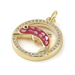 Mixed Color Brass Micro Pave Clear Cubic Zirconia Pendants, with Enamel and Shell & Jump Ring, Real 18K Gold Plated, Flat Round with Dolphin Charm, Mixed Color, 21x18x4.5mm, Hole: 3.3mm