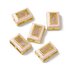 Pink Стойка покрытие латунные прямоугольные бусины, со стеклом и эмалью, реальный 18 k позолоченный, долговечный, без кадмия, без никеля и без свинца, розовые, 12x8.5x5 мм, отверстия : 1.2 mm и 4x1.2 мм