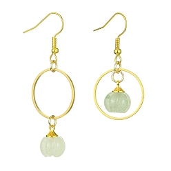 Green Aventurine Natural Green Aventurine Pumpkin with Ring Dangle Earrings, Iron Asymmetrical Earrings, 40~55.5x20mm