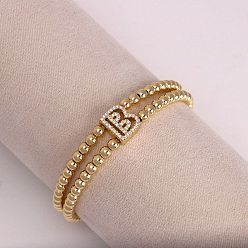 Letter B Браслеты из латуни с микропаве из прозрачных кубических циркониевых бусин, двойные нити, эластичные, для женщин, буква и круг, золотые, В письме, 6.69 дюйм (17 см)