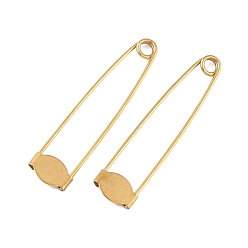Золотой 304 Основание для броши из нержавеющей стали в виде английской булавки, с прокладками, ионное покрытие (ip), плоско-круглые, золотые, 71.5x16x4.5 мм, отверстие : 5 мм, Размер лотка: 16x10 мм