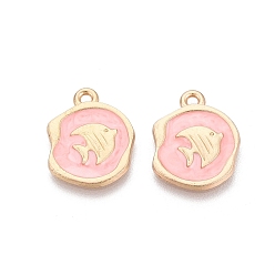 Pink Подвески из эмали и сплава, рыбы прелести, золотые, розовые, 19~20x15~17x2~3 мм, отверстие : 1.5~1.8 мм