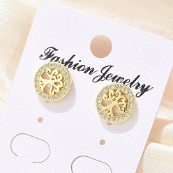 Настоящее золото 18K Серьги-гвоздики из латунного микро-паве, плоские круглые с деревом, реальный 18 k позолоченный, 10.5 мм