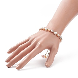 PeachPuff Dyed Natural Pearl & Brass Round Beaded Slider Bracelet, Adjustable Bracelet with Golden 304 Stainless Steel Box Chains for Women, PeachPuff, Inner Diameter: 1-3/4~3 inch(4.5~7.5cm)