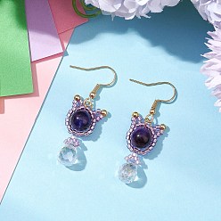 Фиолетовый Серьги-подвески в форме кошки из натурального тигрового глаза и сердолика, с 304 крючками для сережек из нержавеющей стали и стеклянной бусиной, золотые, фиолетовые, 45x14.5 мм