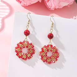Красный Висячие серьги ручной работы из стеклянного бисера в форме цветка., красные, 67x30 мм