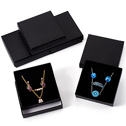 Черный 5шт. картонные коробки для упаковки ювелирных изделий с ромбовидной текстурой и губкой внутри, для подвесок, серег и колец, квадратный, чёрные, 8.8x8.8x2.8 см