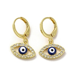 Bleu De Prusse Boucles d'oreilles pendantes œil de cheval en laiton doré à fermoir à levier, avec de l'émail et de la zircone cubique, null, 23.5~24x14.5mm