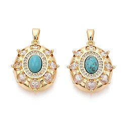 Настоящее золото 18K Окрашенные синтетические бирюзовые подвески, Подвески в виде цветка из прозрачных кубических цирконий, инкрустированные латунью., реальный 18 k позолоченный, 22x18x7.5 мм, отверстие : 4.5x3 мм