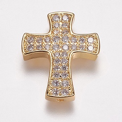 Golden Brass Micro Pave Cubic Zirconia Beads, Cross, Golden, 23.5x19.5x3.5mm, Hole: 1.5mm
