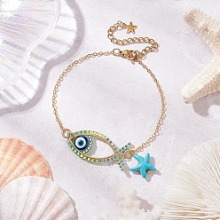 Бледно-Зеленый Стекло бисер ссылаются браслеты, латунные кабельные цепи браслеты для женщин, рыба и морская звезда, с синтетической бирюзой и 201 фурнитурой из нержавеющей стали, бледно-зеленый, 7-3/8 дюйм (18.85 см)