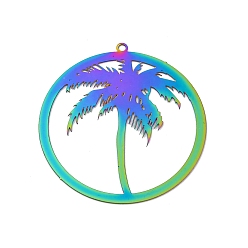 Дерево 201 подвески из травленого металла из нержавеющей стали, Радуга цветов, кокосовая пальма, 37x35x0.3 мм, отверстие : 1.4 мм