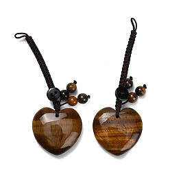 Тигровый глаз Декоративные подвески в форме сердца из натурального тигрового глаза., с пластиковой кнопкой, Кулон в виде плетеной веревки для сумки на удачу., 86~93 мм