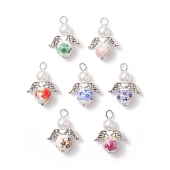 (52) Непрозрачная лаванда Подвески из фарфора и керамики с изображением ангела, с фурнитурой из сплава и круглыми бусинами из АБС-пластика, имитирующими жемчуг, разноцветные, 27.5x20x10.5 мм, отверстие : 3 мм