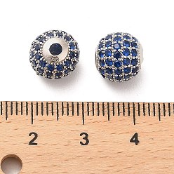 Dark Blue Rhodium Plated 925 Sterling Silver Micro Pave Cubic Zirconia Beads, Round, Real Platinum Plated, Dark Blue, 10x9mm, Hole: 2.2mm