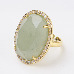 Зеленый Авантюрин Естественный зеленый авантюрин регулируемый палец кольцо, широкая полоса кольца, горный хрусталь и латуни найти, овальные, Размер 7, золотые, 17 мм