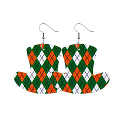 Темно-Зеленый Серьги-подвески из искусственной кожи ко Дню Святого Патрика, платина, шляпа с узором, темно-зеленый, 60x50 мм