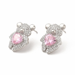 Платина Серьги-гвоздики из латуни с микропаве из кубического циркония для женщин, долговечный, без свинца и без кадмия, медведь, платина, 20x13.5 мм, штифты : 0.8 мм
