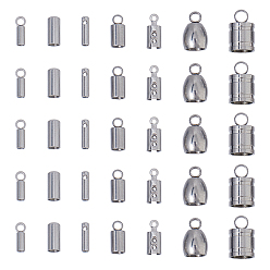 Stainless Steel Color 132Pcs 7 Styles 304 & 201 Stainless Steel Folding Crimp Ends, Fold Over Crimp Cord Ends, Stainless Steel Color, 7~11x1.8~7mm, Hole: 1~3mm, Inner Diameter: 1~6mm