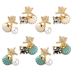 (52) Непрозрачная лаванда 4 пары 2 стили асимметричные серьги со стразами и пластиковым жемчугом, серьги-гвоздики в форме ракушки с эмалированным сплавом в форме морской звезды, с булавками стерлингового серебра, золотые, разноцветные, 14x12 мм, 14x13 мм, 2 пары / стиль