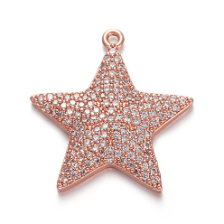 Розовое Золото Латунные микро проложить кубического циркония подвески, звезда, прозрачные, розовое золото , 24x22.5x3.5 мм, отверстие : 1.2 мм