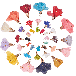 Mixed Color Iron Pendants, with Chiffon, Flower, Golden, Mixed Color, 50x22mm, Hole: 2mm, 60pcs/set