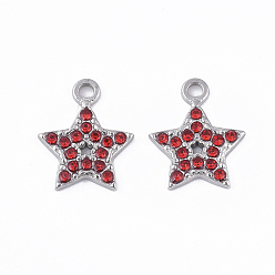 Light Siam 304 Stainless Steel Pendants, with Rhinestone, Star, Light Siam, 15.5x13x2mm, Hole: 2mm