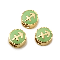 Стрелец Латунные бусины, с эмалью, плоские круглые с созвездием, реальный 18 k позолоченный, светло-зеленый, Стрелец, 10x5 мм, отверстие : 4.5x2.5 мм