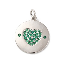 Темно-Зеленый Латунные микро проложить кубического циркония подвески, долговечный, без свинца и без кадмия, платина, круглые с сердцем, темно-зеленый, 18.5x16x1.5 мм, отверстие : 3 мм