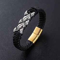 Античный Серебристый & Золотой Браслеты из плетеного шнура из искусственной кожи в стиле панк, 304 браслеты с подвесками из нержавеющей стали для мужчин, с магнитной застежкой, старинное серебро & золотой, 8.27 дюйм (21 см)
