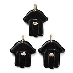 Obsidian Natural Obsidian Carved Pendants, Religion Hamsa Hand Charms, with Brass Pave Cubic Zirconia Findings, Golden, 36.5~39x33~35x8~9mm, Hole: 6.5x8mm