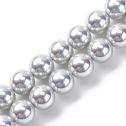 Серебро УФ-покрытие перламутровые стеклянные жемчужные бусины нити, имитация Австрийские кристаллические шарики, круглые, серебряные, 8 мм, отверстие : 0.7 мм, около 51~52 шт / нитка, 15.35~15.75 дюйм (39~39.5 см)