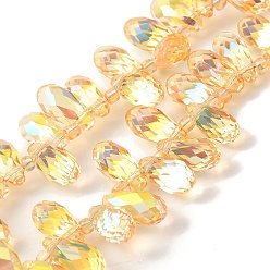 с Золотистым Покрытием Стеклянные бусины с гальваническим покрытием , с половиным покрытием, граненые, слеза, Топ пробуренной, с золотым покрытием, 13x7x7 мм, отверстие : 1 мм, около 100 шт / нитка, 19.29'' (49 см)