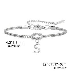 Letter S 304 Браслеты с подвесками в виде инициалов из нержавеющей стали, браслеты из змеиной цепи для женщин, цвет нержавеющей стали, Письмо с, 6.69 дюйм (17 см)