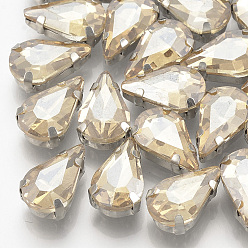 Pale Goldenrod Sew on Rhinestone, Multi-strand Links, Glass Rhinestone, with Brass Prong Settings, Garments Accessories, Faceted, teardrop, Platinum, Pale Goldenrod, 10x6.5x4.4mm, Hole: 0.8~1mm