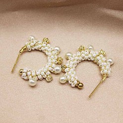 Golden Imitation Pearl & Seed Beads Copper Wire Wrapped Half Hoop Stud Earrings for Women, Golden, 25mm