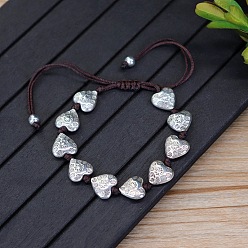 Сердце Браслеты из плетеных бусин из сплава, регулируемые плетеные браслеты из полиэфирного шнура для мужчин и женщин, античное серебро, сердце, 5-7/8 дюйм (15 см)