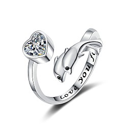 Прозрачный Кольца для женщин с кристаллами и стразами, дельфин и сердце, прозрачные, размер США 8 (18.1 мм)