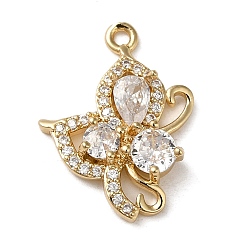Golden Brass Micro Pave Cubic Zirconia Pendants, Nickel Free, with K9 Glass, Flower Charms, Golden, 23x17x5mm, Hole: 1.6mm